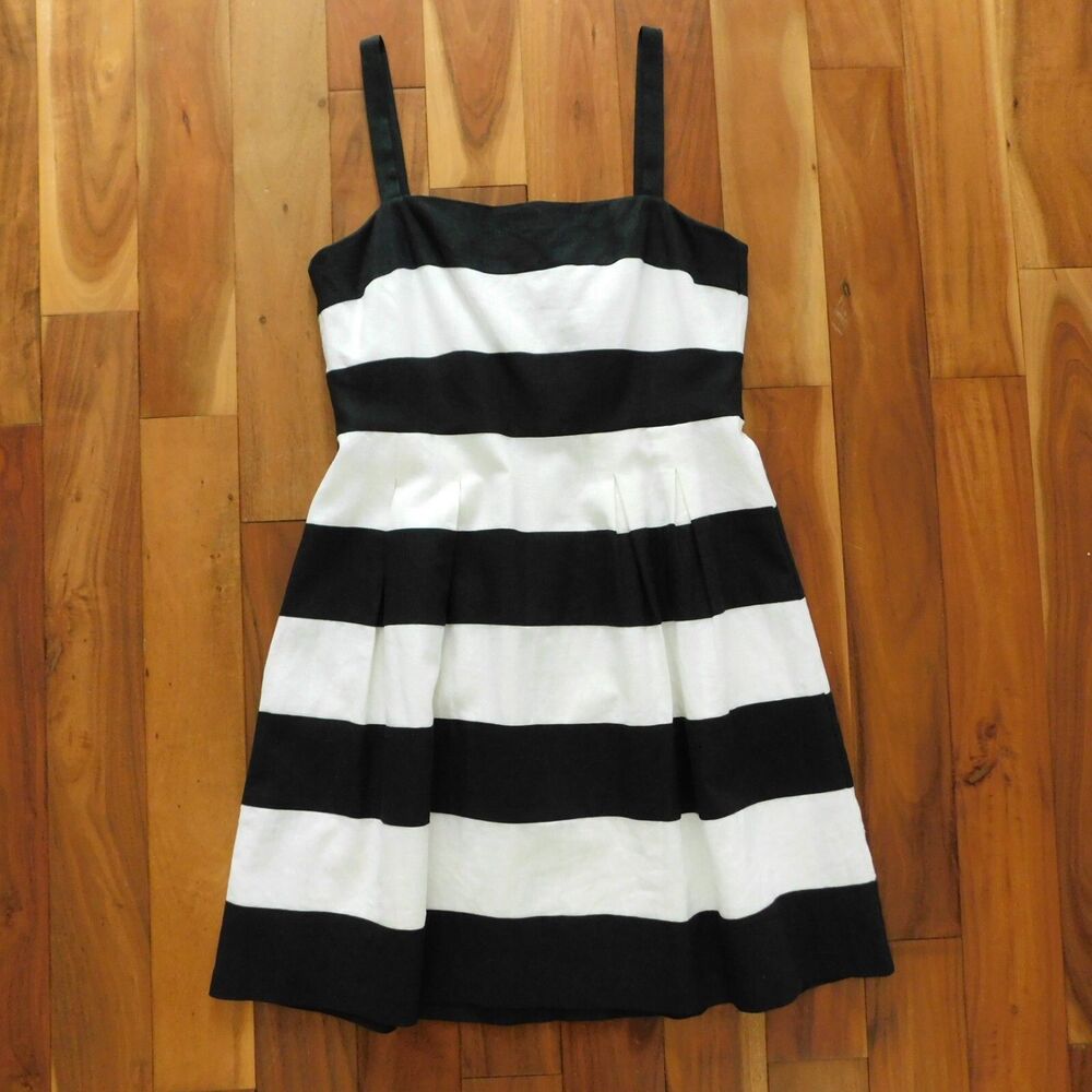 Ann Taylor LOFT Dress Linen Blend Black White Stripe Strappy Summer Short 4 NWT